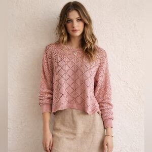 DR2 Raspberry Acid Wash Open Knit Sweater, S, Boho, Boxy, Oversized